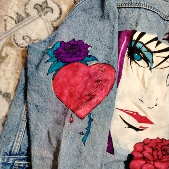 Vtg Levi's Denim Jacket Original Artwork Face Heart Lady Size 46R Made In USA - Picture 2 of 9